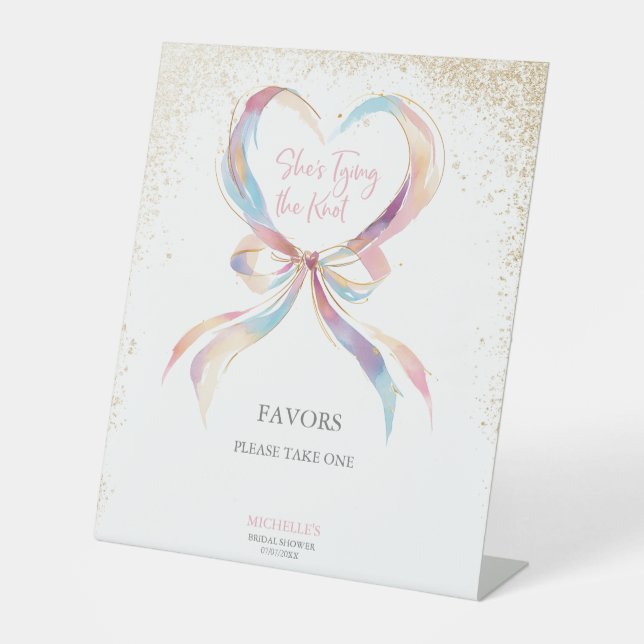 Chic She's Tying The Knot Pink Bow Advice & Wishes Pedestal Sign (Front)