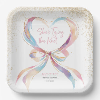 Chic She's Tying The Knot Pink Bow Bridal Shower Paper Plate