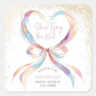 Chic She's Tying The Knot Pink Bow Thank You Square Sticker