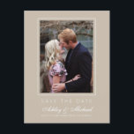 Chic Shiitake Grey Save the Date Engagement Photo Announcement Postcard<br><div class="desc">Modern, chic save the date photo postcard with elegant script and modern typography. The save the date card has a shiitake grey background with a subtle thin white frame around the photo. You can easily customise this save the date card with your upcoming wedding details, your engagement photo and a...</div>