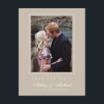 Chic Shiitake Grey Save the Date Engagement Photo Announcement Postcard<br><div class="desc">Modern, chic save the date photo postcard with elegant script and modern typography. The save the date card has a shiitake grey background with a subtle thin white frame around the photo. You can easily customise this save the date card with your upcoming wedding details, your engagement photo and a...</div>