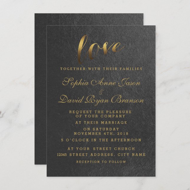Chic Shining Gold Foil Love Black Wedding Invite (Front/Back)