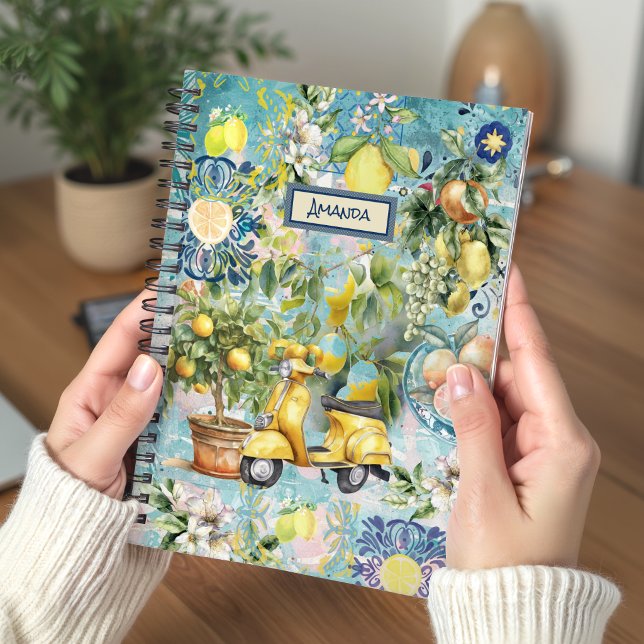 Chic Sicilian Blue Citrus Floral Tile Collage Notebook (Creator Uploaded)