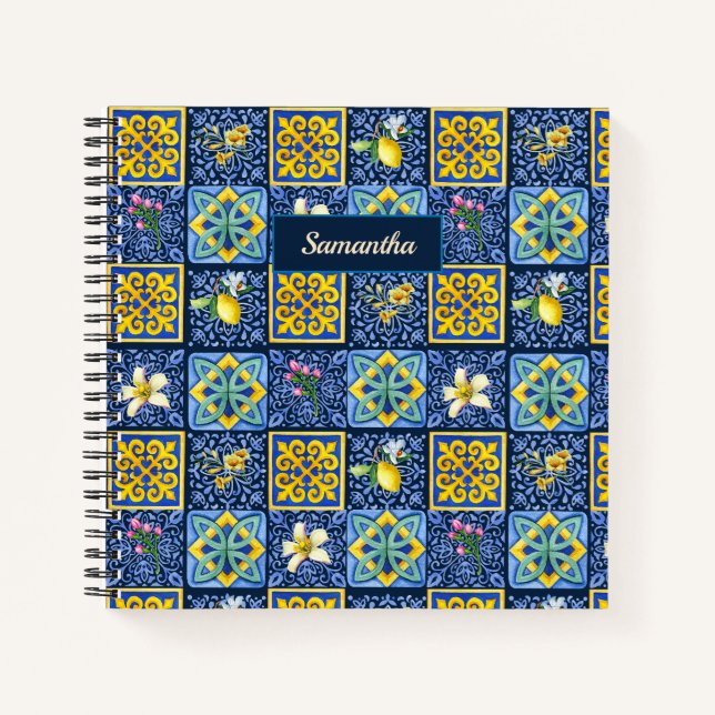 Chic Sicilian Blue White Mediterranean Tiles Notebook (Front)