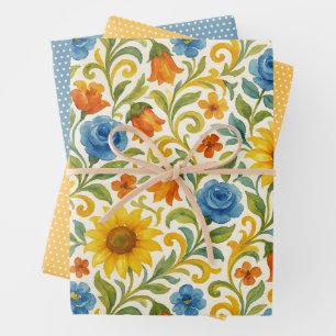 Chic Sicilian Colourful Leaves Floral Art Pattern Wrapping Paper Sheet