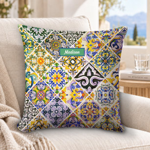 Chic Sicilian Mediterranean green tiles Cushion
