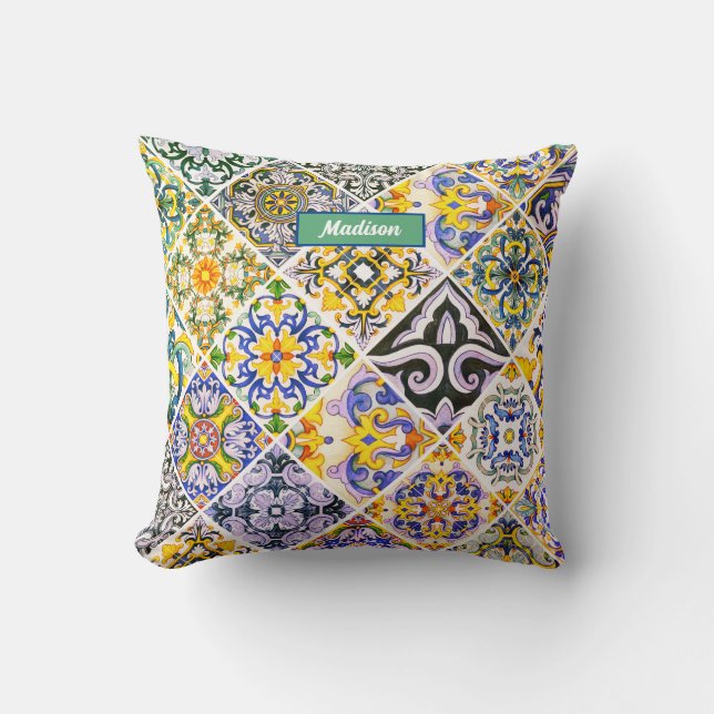 Chic Sicilian Mediterranean green tiles Cushion (Front)