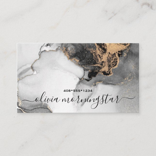 Chic Signature Gold Black Abstract Watercolor  Business Card (Front)