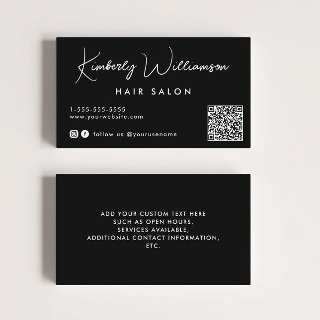 Chic Signature Script QR Code Black Business Card (Empower your name in our signature script as your logo and brand identity)