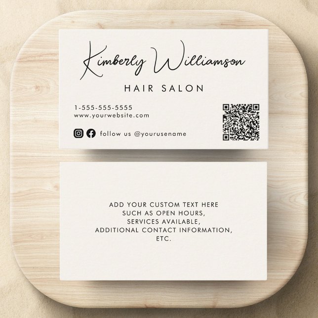 Chic Signature Script QR Code Cream Business Card (Empower your name in our signature script as your logo and brand identity)
