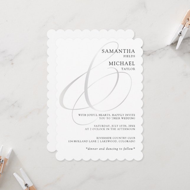 Chic Silver Ampersand Minimalist Wedding Invitation (Front/Back In Situ)