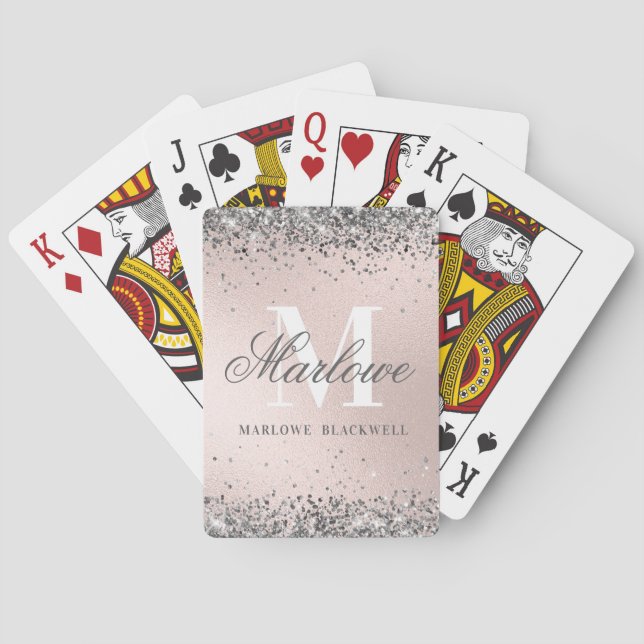 Chic Silver and Blush Pink Monogram Glitter Playing Cards (Back)