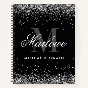 Chic Silver Black and White Monogram Glitter Notebook