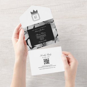 Chic Silver Black and White Monogram Wedding All In One Invitation