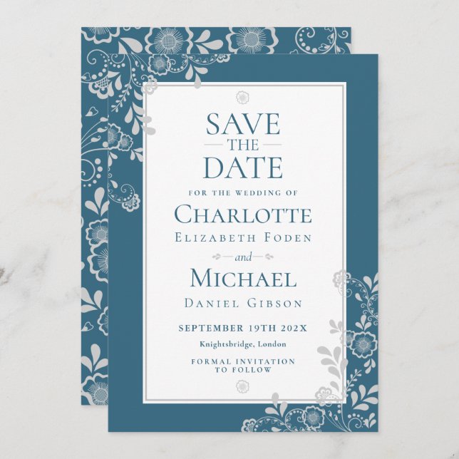Chic Silver Blue Floral Save the Date Invitation (Front/Back)