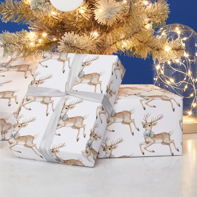Chic Silver Bow Reindeer Christmas Wrapping Paper (Holidays)