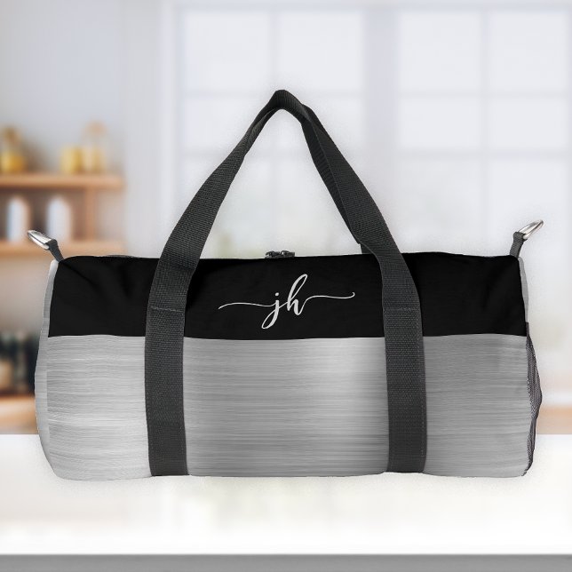 Chic Silver Brushed Metal Black Script Monogram  Duffle Bag (Creator Uploaded)