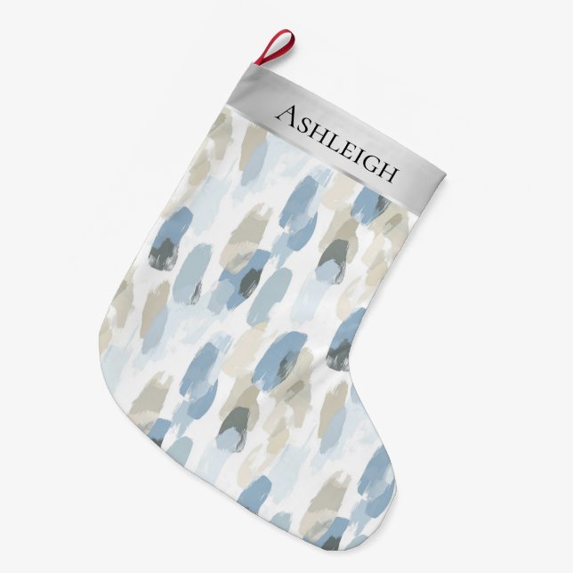 Chic Silver Cream Blue White Abstract Christmas   Large Christmas Stocking (Front (Hanging))