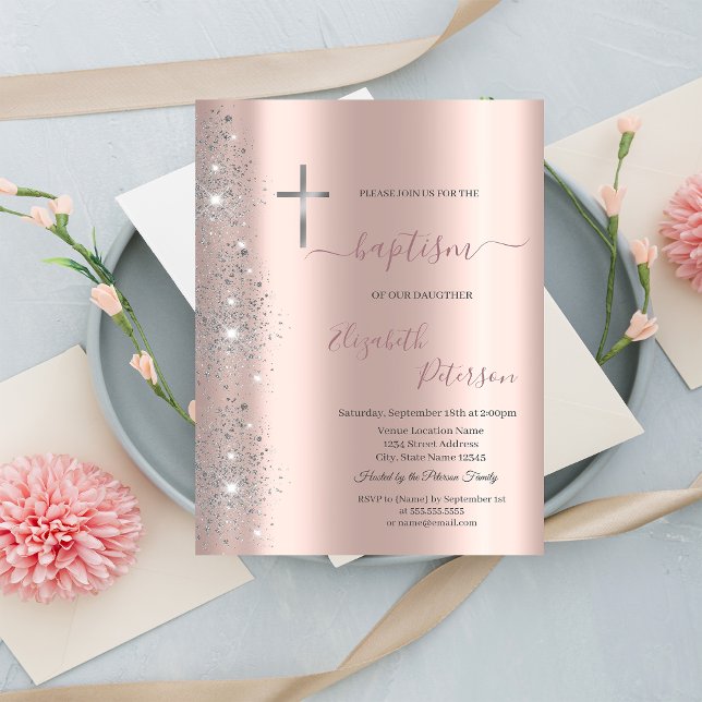 Chic Silver Cross Baptism Rose Gold Glitter Dust Invitation (Creator Uploaded)