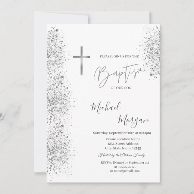 Chic Silver Cross Baptism Silver Glitter Confetti Invitation (Front)