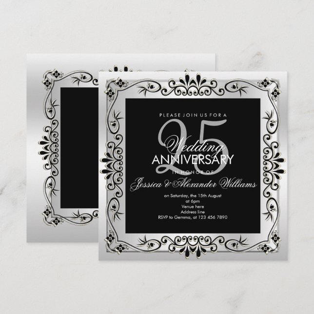 Chic Silver Decorative Framed 25th Anniversary Invitation (Front/Back)