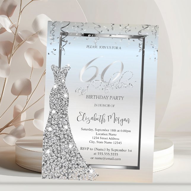 Chic Silver Diamonds Dress Silver 60th Birthday Invitation (Creator Uploaded)