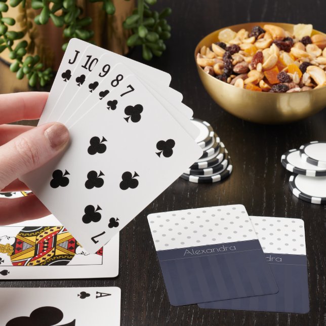 . Chic Silver Dots and Blue on Blue Stripes Playing Cards (In Situ)