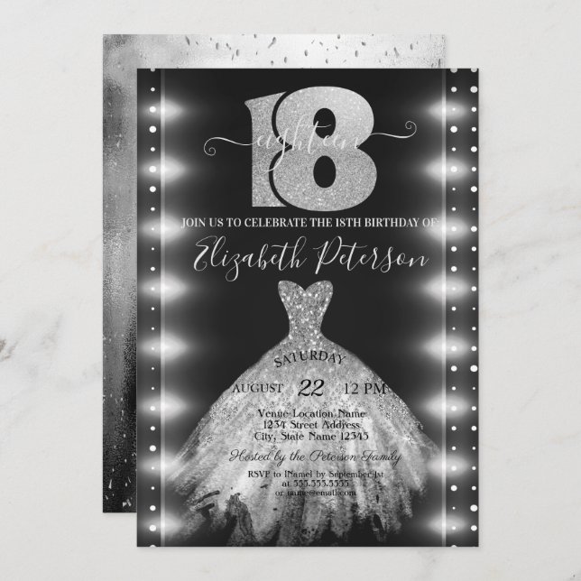 Chic Silver Dress Confetti Lights 18th Birthday  Invitation (Front/Back)