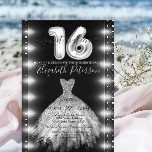 Chic Silver Dress Confetti Lights Sweet 16 Invitation