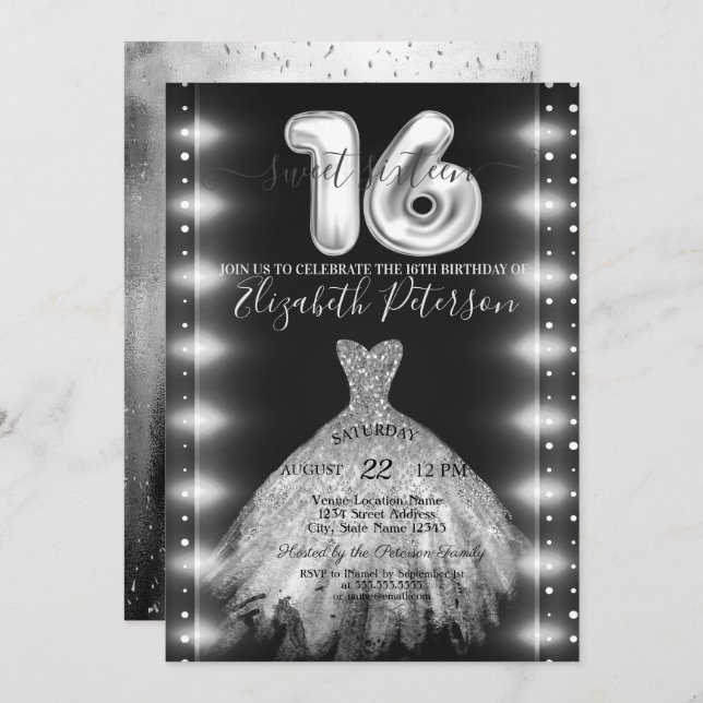 Chic Silver Dress Confetti Lights Sweet 16 Invitation (Front/Back)