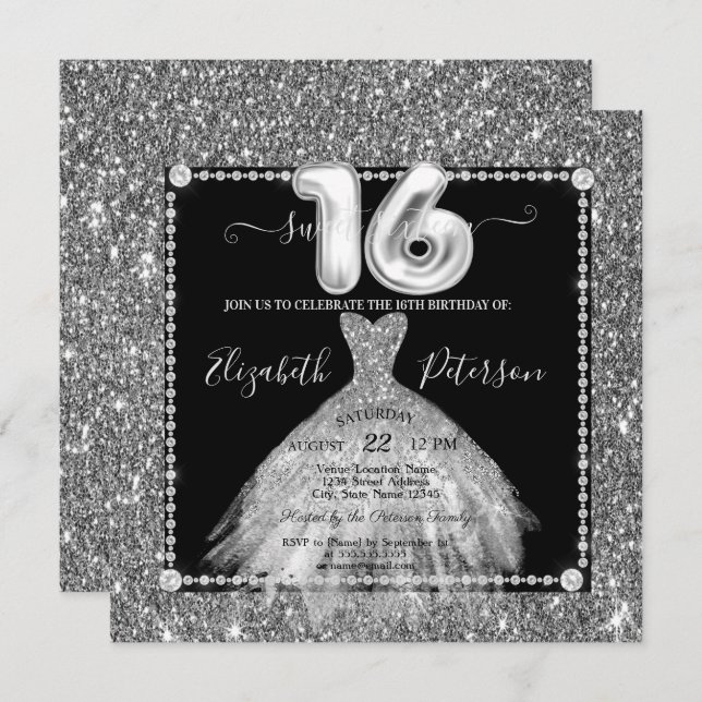 Chic Silver Dress Glitter Diamonds Sweet 16 Invitation (Front/Back)