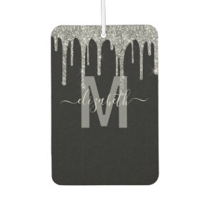 Chic Silver Dripping Glitter Monogram Name Car Air Freshener