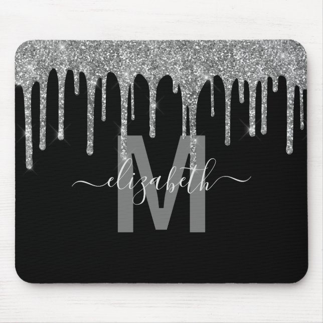 Chic Silver Dripping Glitter Monogram Name Mouse Pad (Front)
