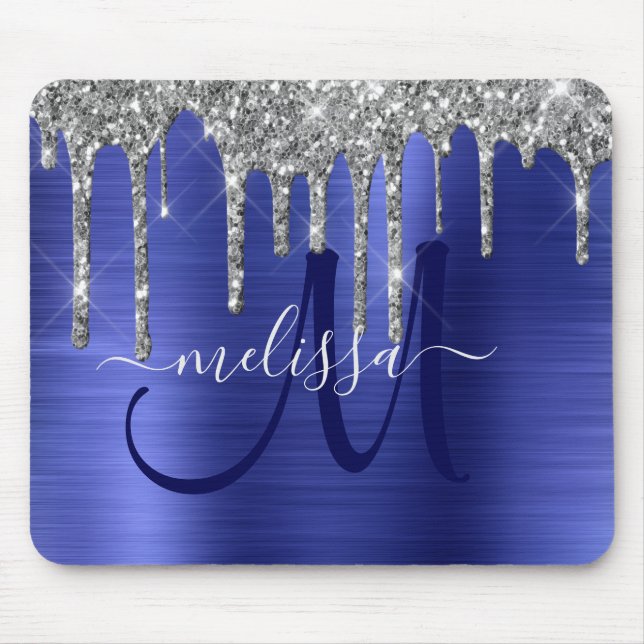 Chic Silver Dripping Glitter Purple Metal Monogram Mouse Pad (Front)
