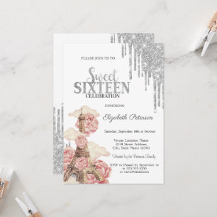 Chic Silver Drips,Eiffel Tower Peonies Sweet 16 Invitation