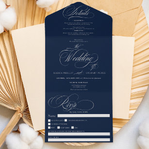 Chic silver elegant script navy blue wedding all in one invitation
