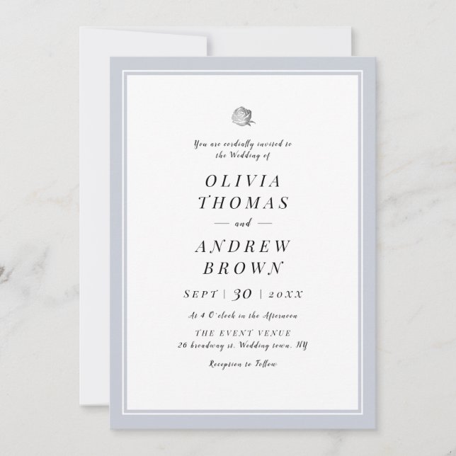 Chic Silver Floral dusty blue minimalist wedding Invitation (Front)