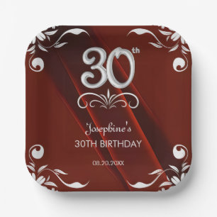 Chic Silver Floral Frame Burgundy 30th Birthday Paper Plate
