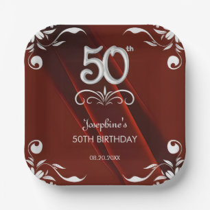 Chic Silver Floral Frame Burgundy 50th Birthday Paper Plate