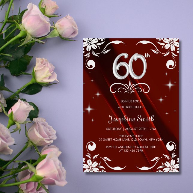 Chic Silver Floral Frame Burgundy 60th Birthday Invitation (Creator Uploaded)