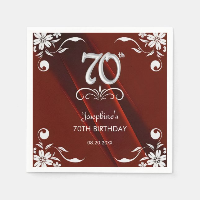 Chic Silver Floral Frame Burgundy 70th Birthday Napkin (Front)