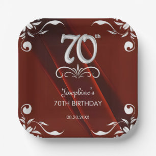 Chic Silver Floral Frame Burgundy 70th Birthday Paper Plate
