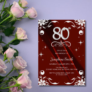 Chic Silver Floral Frame Burgundy 80th Birthday Invitation