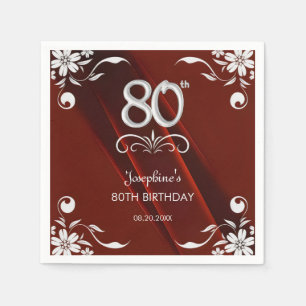 Chic Silver Floral Frame Burgundy 80th Birthday Napkin