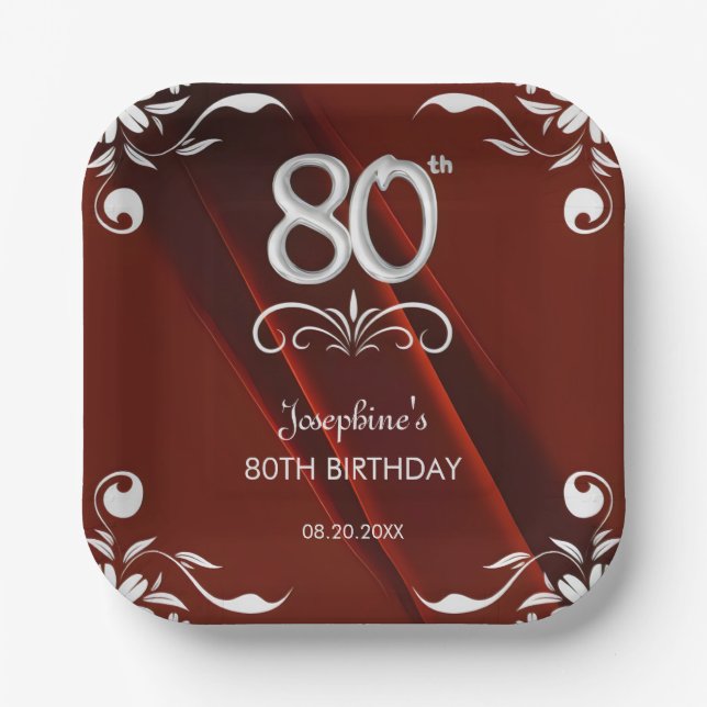 Chic Silver Floral Frame Burgundy 80th Birthday Paper Plate (Front)
