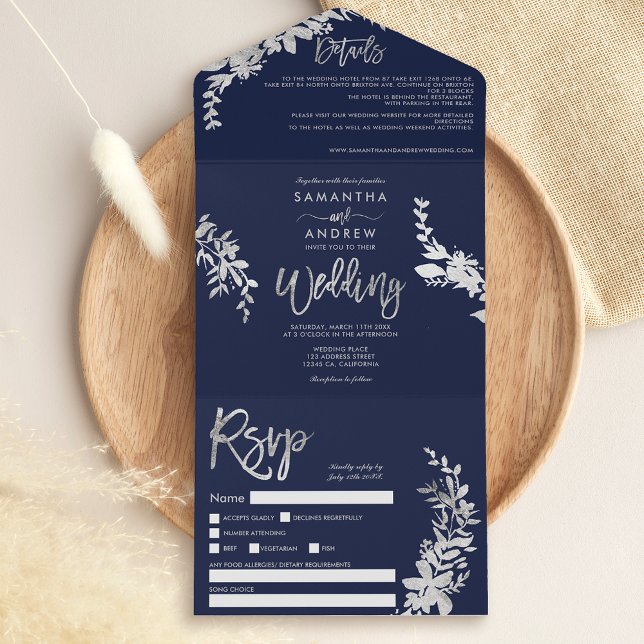 Chic silver floral typography navy blue wedding all in one invitation (Creator Uploaded)