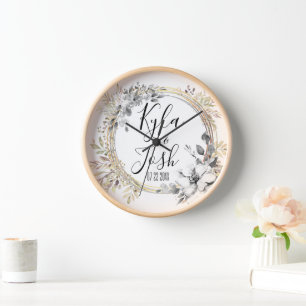 Chic Silver Floral Wreath Wedding Personalised Clock