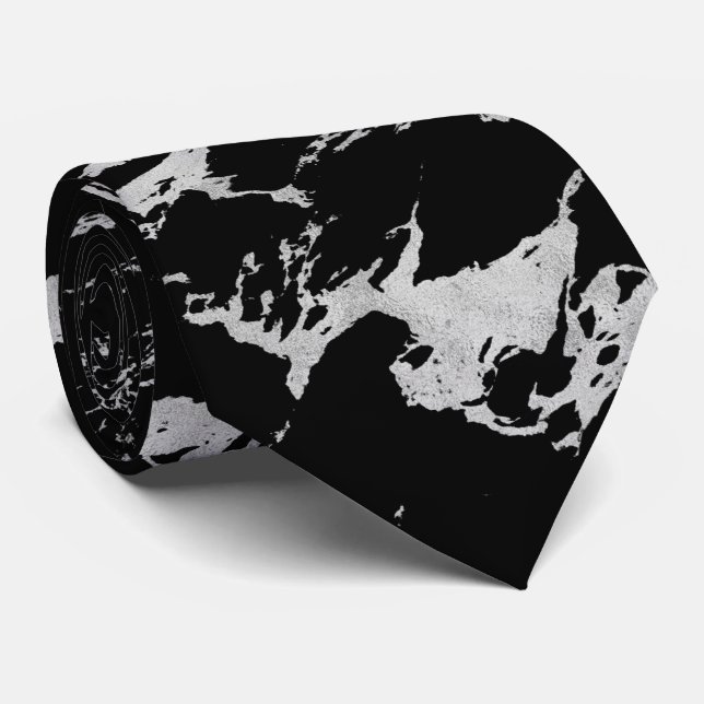 Chic Silver Foil Black Marble Neck Tie (Rolled)