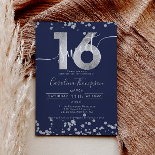 Chic silver foil confetti navy blue Sweet 16 photo Invitation