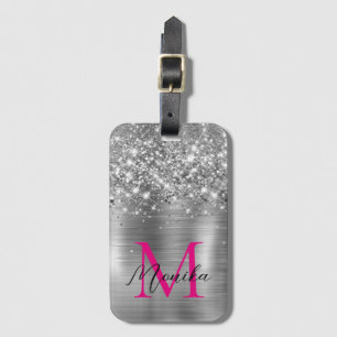 Chic Silver Foil Faux Glitter Hot Pink Monogram Luggage Tag